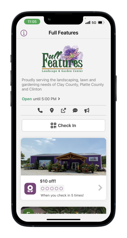 Graphic displaying the appearance of the Full Features Landscape & Garden Center mobile app on a cell phone display.