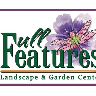Full Features Landscape and Garden Center logo featuring an illustration of a dragonfly on a purple flower