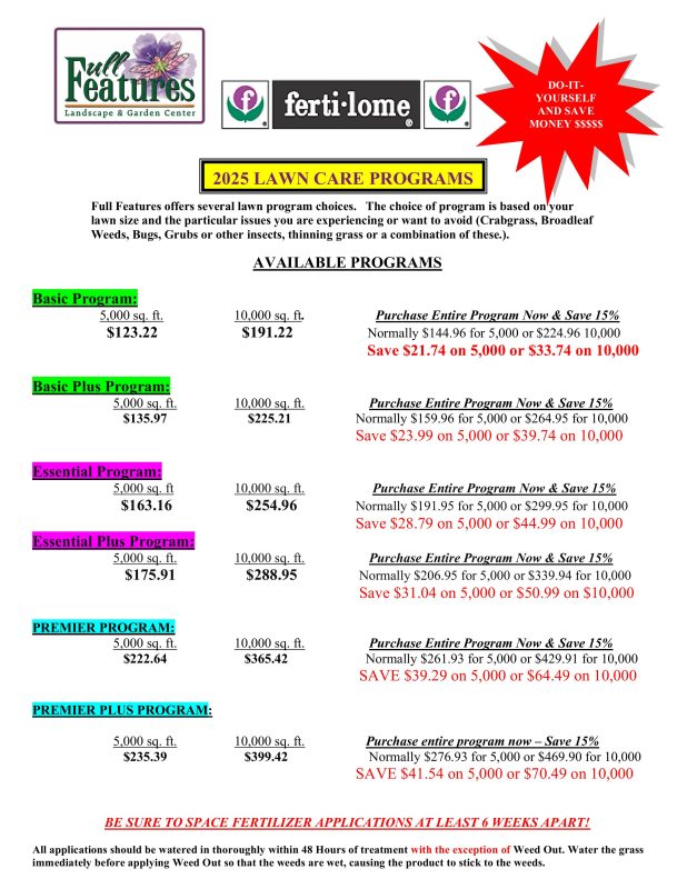 A list of lawn care plans and prices for Full Features Landscape and Garden Center., including product descriptions, coverage rates, dates for application and pricing.