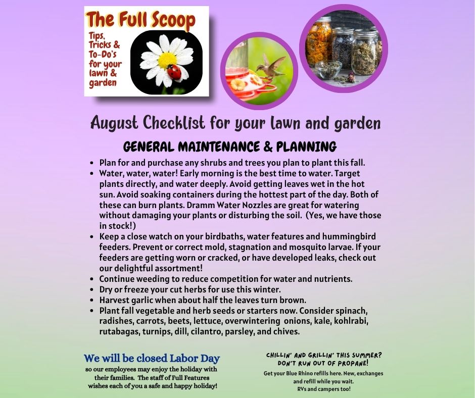 A graphic that has photos of a hummingbird drinking from a feeder, jars of dried herbs, and The Full Scoop logo. Content includes tips and tricks for what you should be doing in August for general maintenance and planning for your plants.