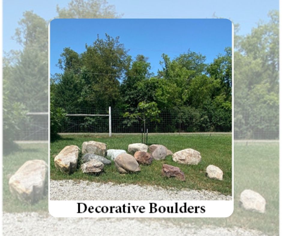 A graphic advertising landscape rock and boulders available at Full Features Landscape and Garden Center. This graphic features a photo of landscape boulders of various sizes.