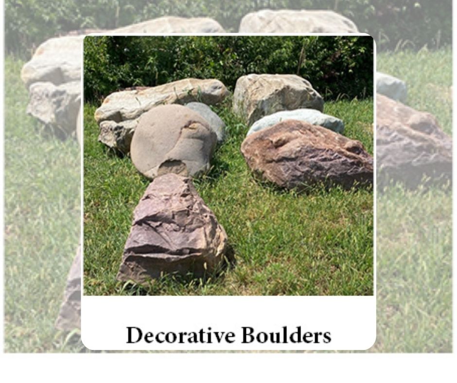 A graphic advertising landscape rock and boulders available at Full Features Landscape and Garden Center.  This graphic features a photo of landscape boulders of various sizes. 