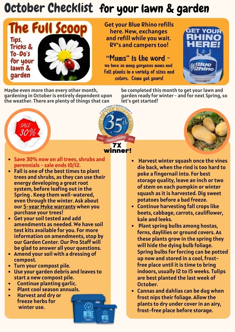 A newsletter with photos of plants and lawn products, listing numerous tips for preparing your lawn and garden for Winter. 