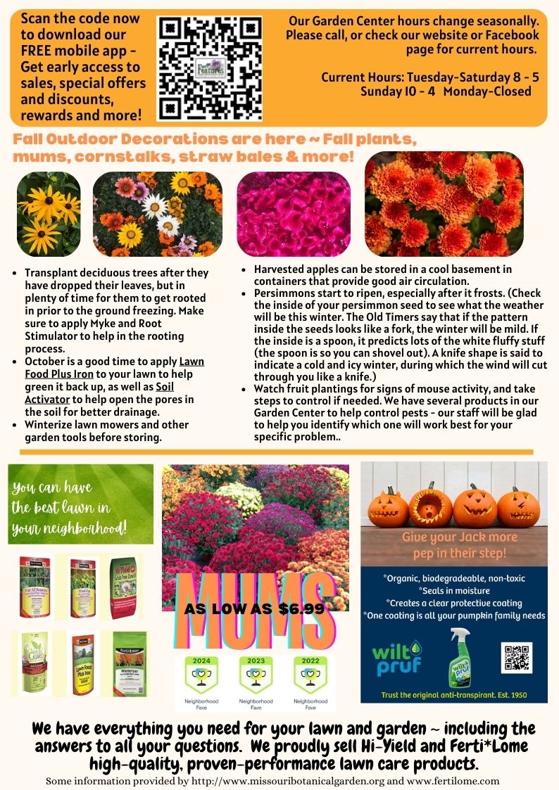 A newsletter with photos of plants and lawn products, listing numerous tips for preparing your lawn and garden for Winter. 