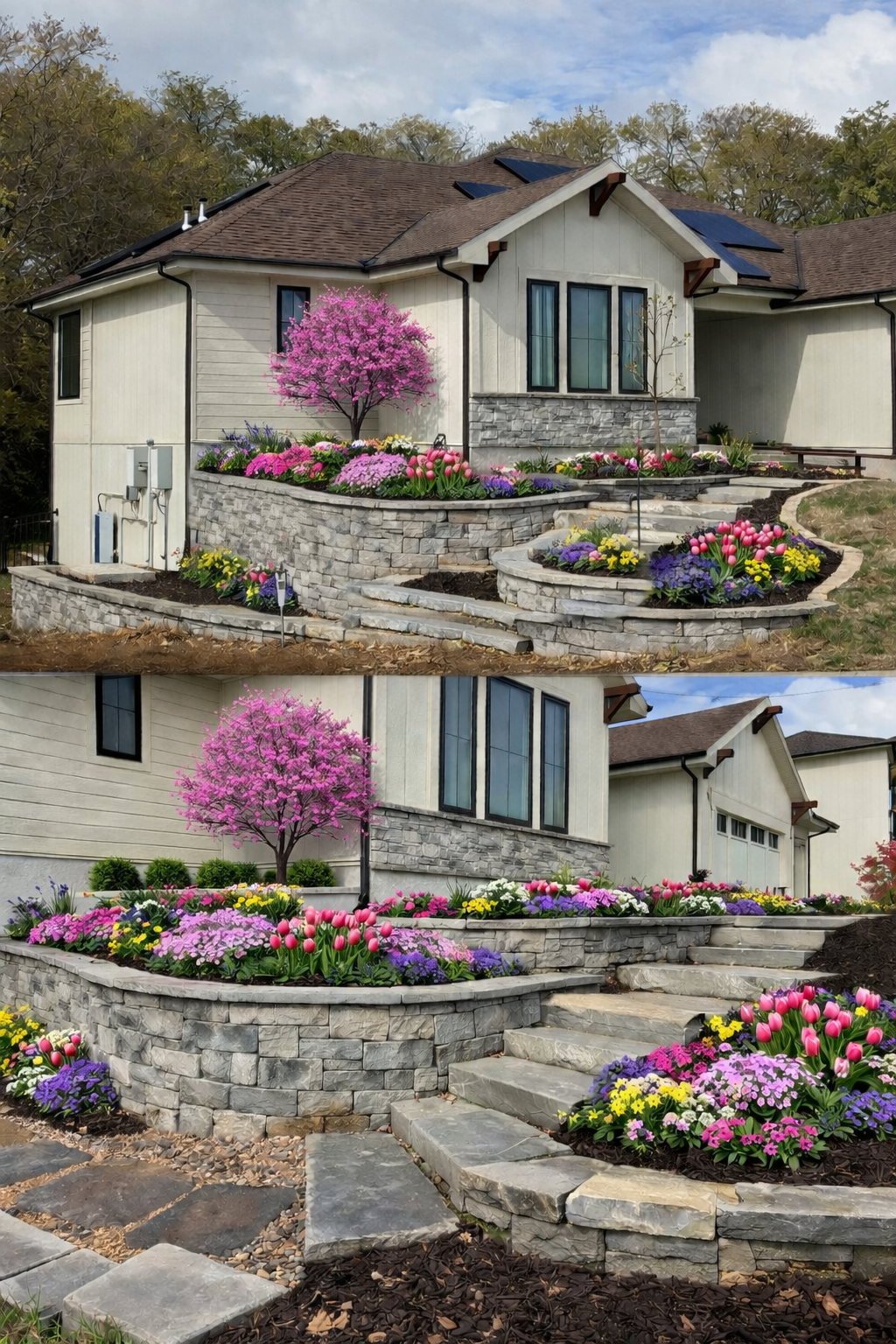 Two photos combined with different angles of a landscaping project that includes retaining walls, bedding areas plants created by Full Features Landscape in Smithville MO