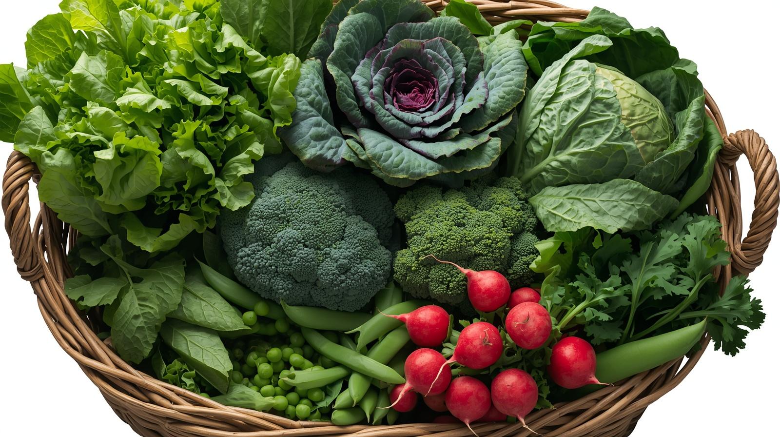 AStart this growing season off right  beautiful, rustic woven basket overflowing with a vibrant assortment of fresh vegetables, including crisp green lettuce, deep emerald spinach, hearty kale, florets of bright green broccoli, a head of leafy cabbage, plump peas in their pods, and vibrant red radishes. The image is rendered in a photorealistic style with natural lighting, showcasing the textures and colors of the produce.