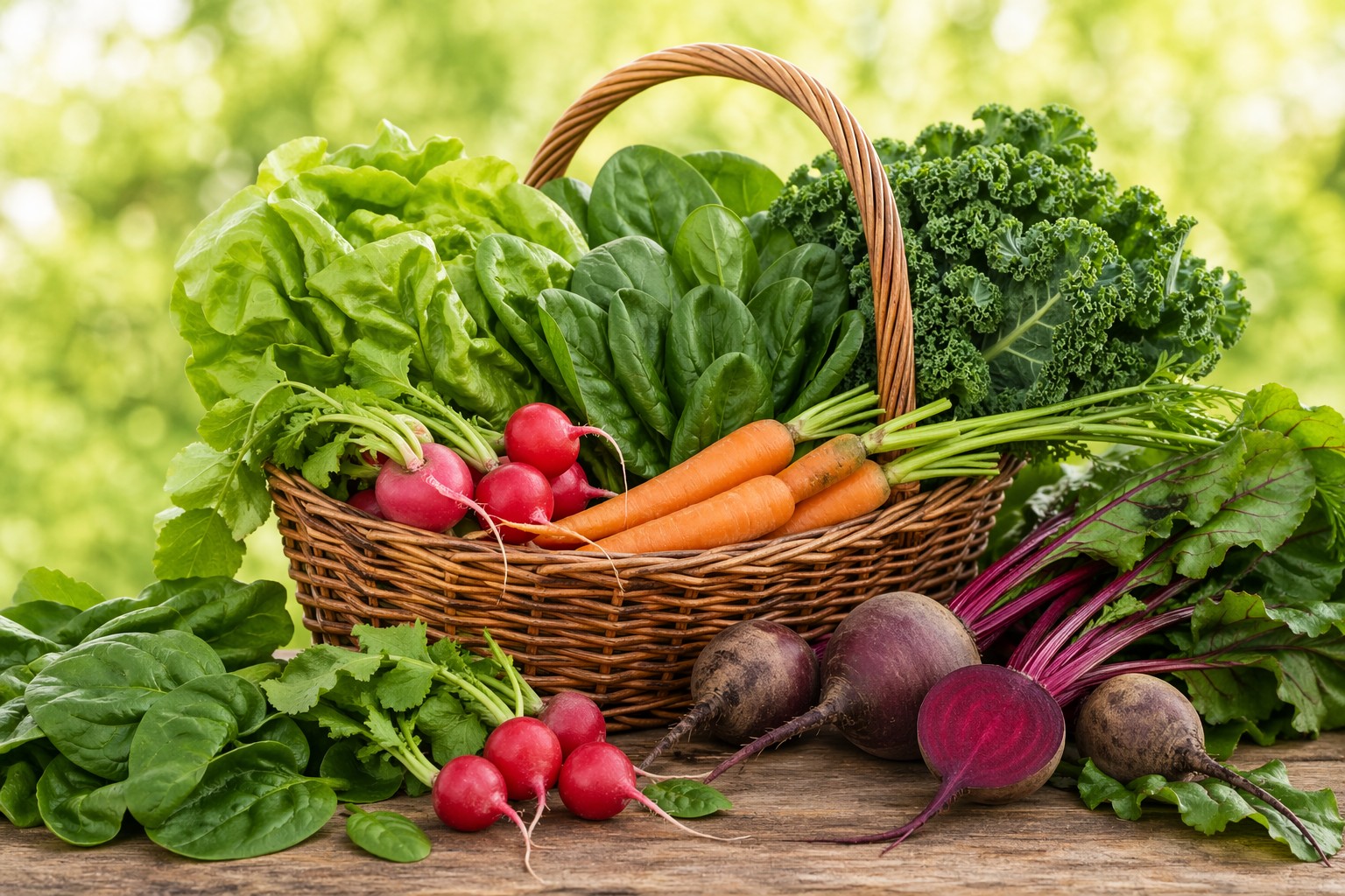 An image of Lettuce
Spinach
Kale
Carrots
Radishes
Beets in a basket.