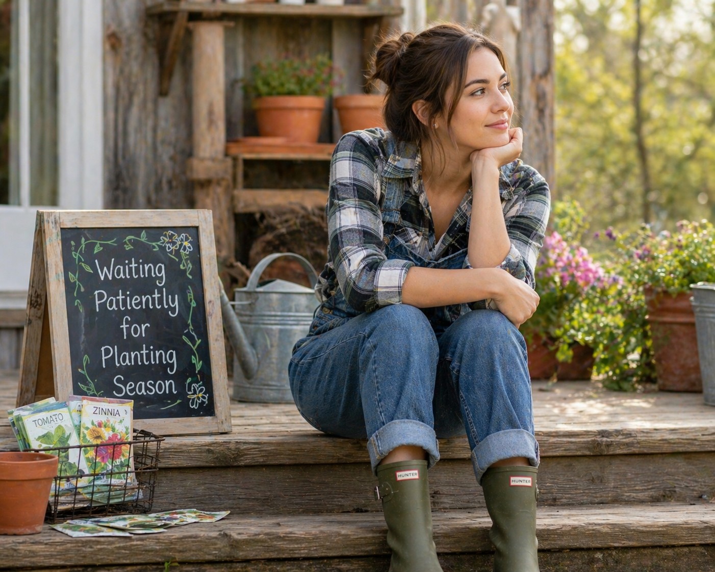 A young woman in gardening attire sitting on wooden steps surrounded by plants waiting patiently for planting season.