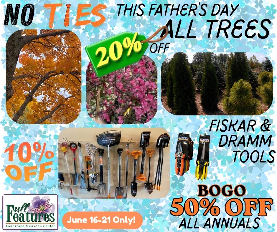 Promotional Father's Day sale graphic from Full Features Landscape & Garden Center. The headline reads, "No Ties This Father's Day." Featured offers include 20% off all trees, with photos of colorful shade trees, flowering ornamental trees, and evergreen trees. Fiskars and Dramm gardening tools are shown with a promotion of 10% off tools. The graphic also advertises "BOGO 50% Off All Annuals." The Full Features Landscape & Garden Center logo appears in the lower left corner, and the sale runs June 16–21 only.