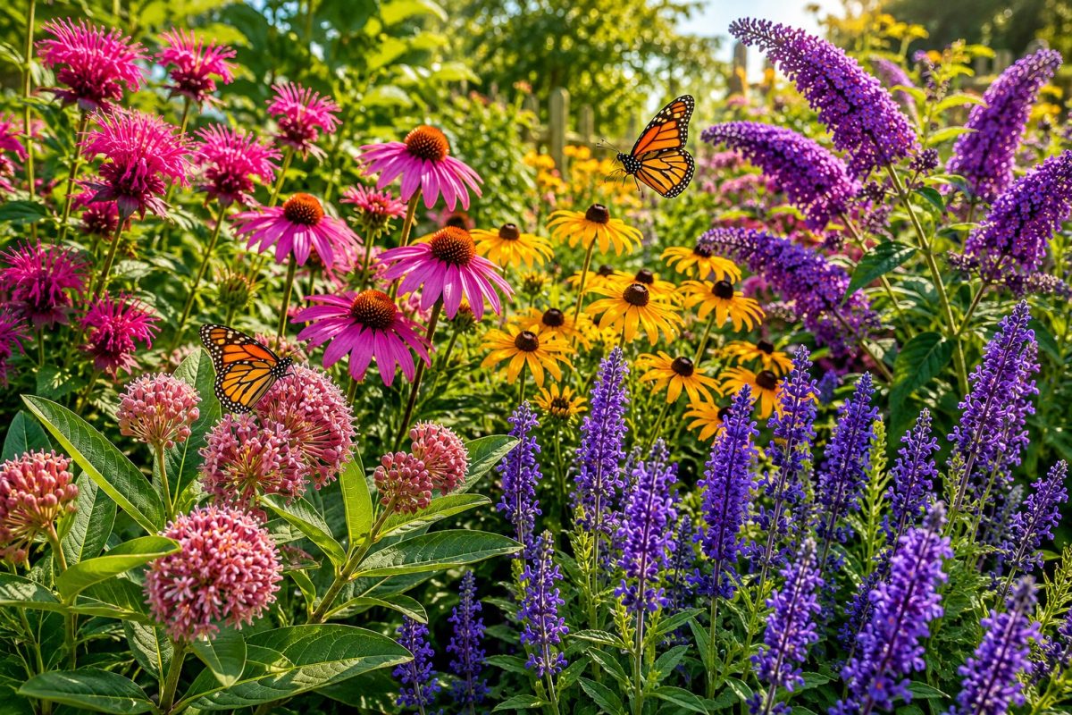 A variety of blooming flowers in a butterfly garden in NW Missouri with two Monarch butterflies visiting the blooms.