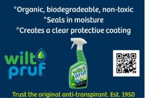 A photo of Wilt-Pruf spray antitranspirant with a QR code to see the company website and product details.