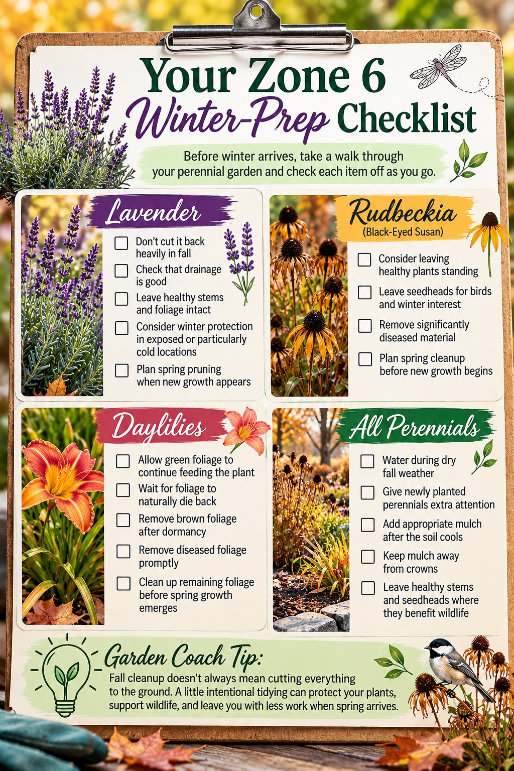 “Garden-themed infographic titled ‘Your Zone 6 Winter-Prep Checklist’ showing a practical checklist for preparing perennial gardens for winter. Four sections cover Lavender, Rudbeckia (Black-Eyed Susan), Daylilies, and All Perennials, with checkboxes for each task. Lavender tasks include avoiding heavy fall pruning, checking drainage, leaving healthy stems and foliage intact, considering winter protection in cold or exposed locations, and planning spring pruning. Rudbeckia tasks include leaving healthy plants and seedheads standing, removing significantly diseased material, and planning spring cleanup. Daylily tasks include allowing green foliage to continue feeding the plant, waiting for natural dieback, removing brown or diseased foliage, and cleaning up before spring growth. General perennial tasks include watering during dry fall weather, giving newly planted perennials extra attention, adding mulch after the soil cools, keeping mulch away from crowns, and leaving healthy stems and seedheads for wildlife. A Garden Coach Tip at the bottom explains that thoughtful fall cleanup can protect plants, support wildlife, and reduce spring work.”
