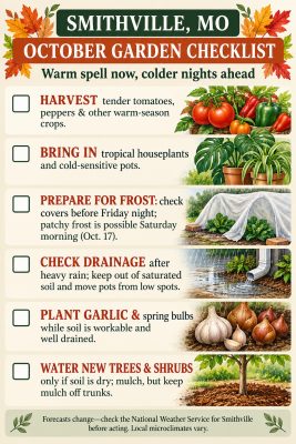 October garden checklist for Smithville, Missouri, featuring six fall gardening tasks: harvest tomatoes and peppers, bring tropical houseplants and cold-sensitive potted plants indoors, prepare for frost, check garden drainage after heavy rain, plant garlic and spring-flowering bulbs in workable soil, and water new trees and shrubs only when needed. Autumn leaves and botanical illustrations decorate the infographic, which reminds gardeners to check the National Weather Service forecast because local conditions vary.